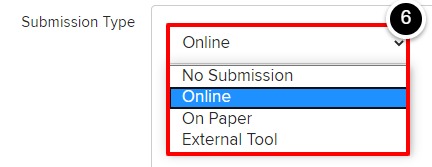 Submission types: No Submission, Online (default), On Paper, External Tool
