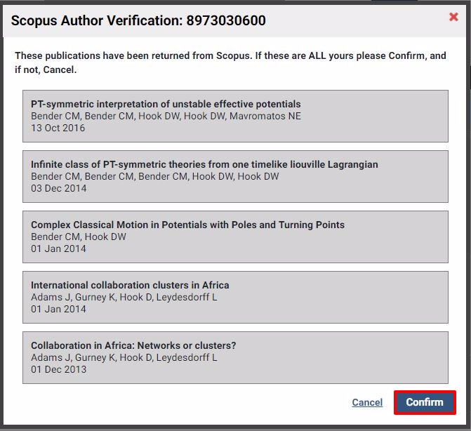 Example of Scopus Author Verification window with Confirm button