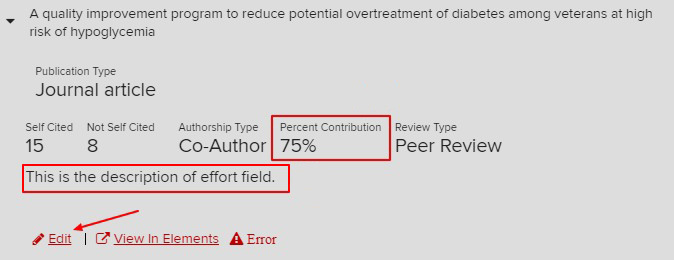 Screenshot of record listing highlighting the location of the percent contribution field, description of effort field, and edit link