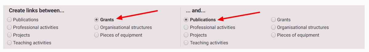 Create links between options showing Grants and Publications selected