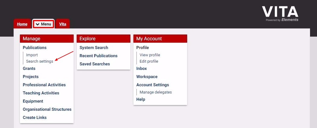 Search settings link under Publications in the Manage menu
