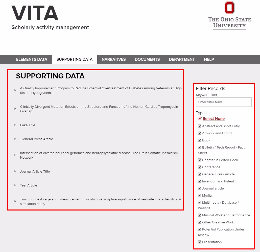 Vita Supporting Data section highlighting the Filter Records options and location of claimed publications that will populate on the page