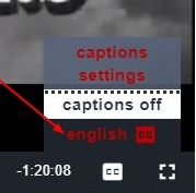 Caption settings that display when clicking the CC button include: Captions off and english