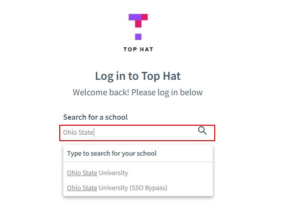 Search for a school search box on Log in to Top Hat screen