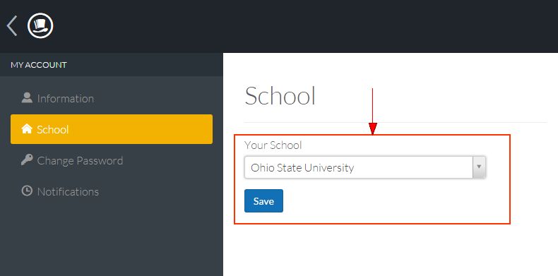 Ohio State University selected under School select box on School page in Top Hat