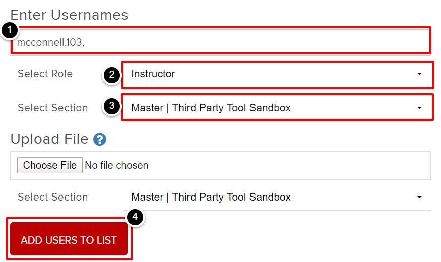 Add username, role, section and click Add users to list. 