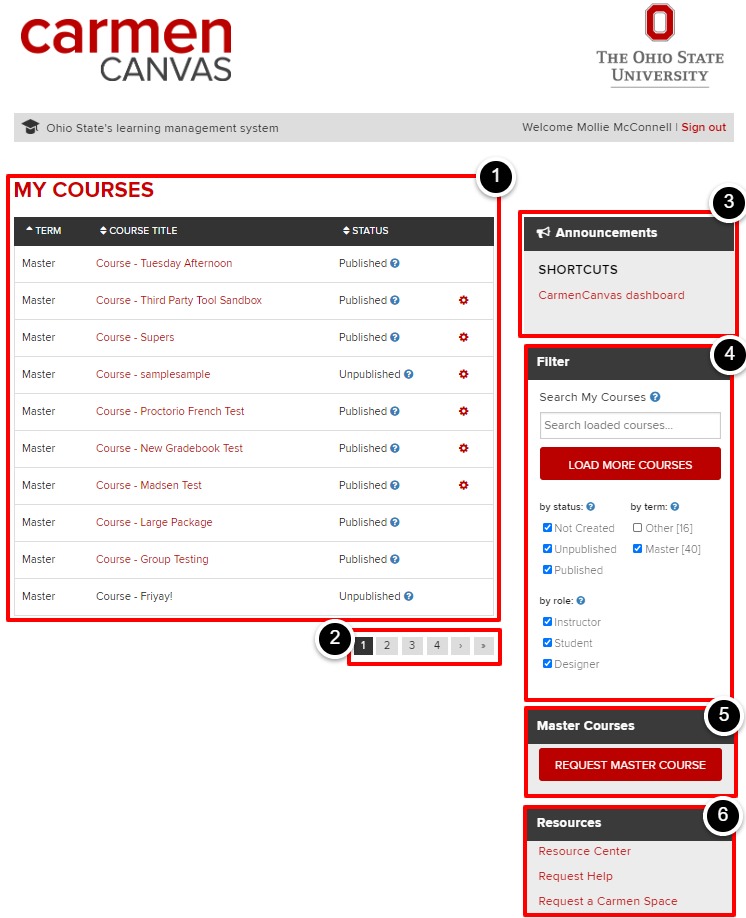 Carmen landing page: My Courses, pagination, announcements, filter, Master Courses, Resources