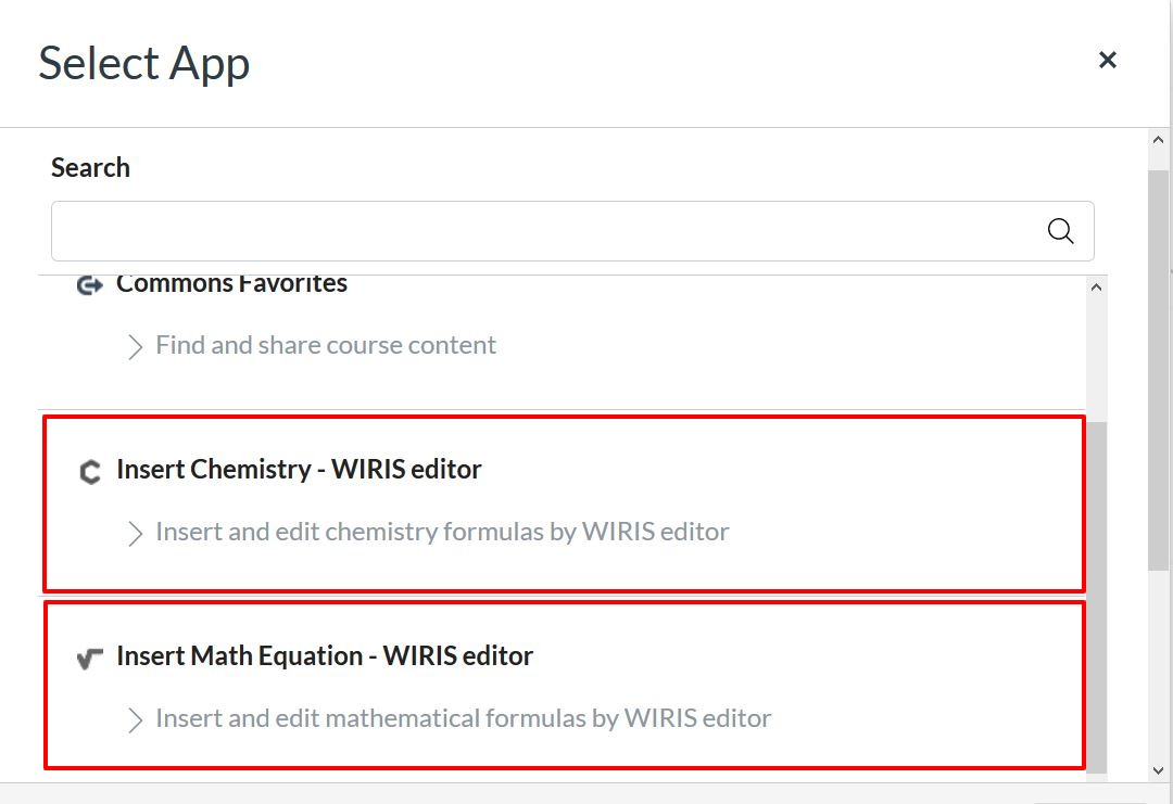 Scroll to select the chemistry or math equation WIRIS tool