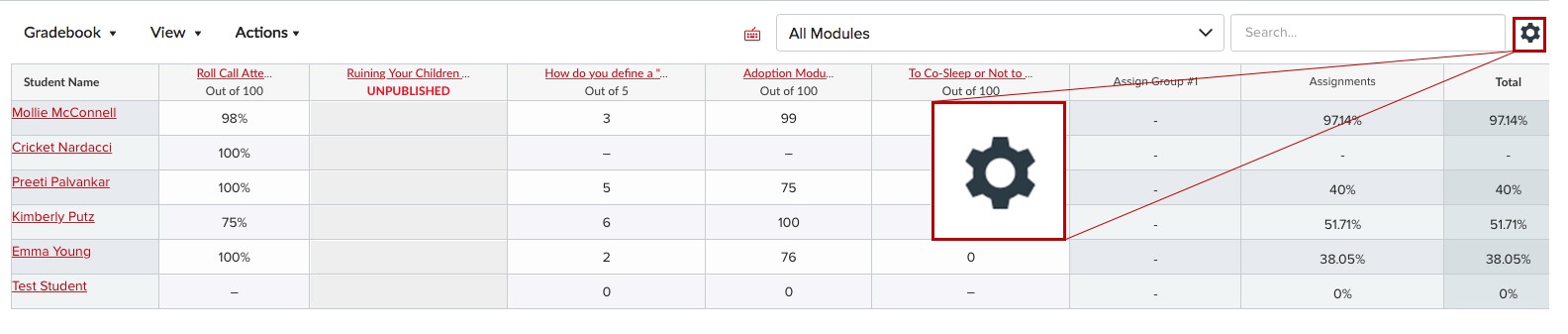 Gradebook gear icon to access Late and Missing Policies 