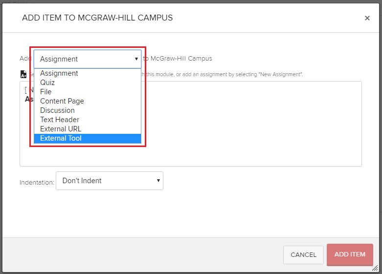 Add external tool option to module in Canvas