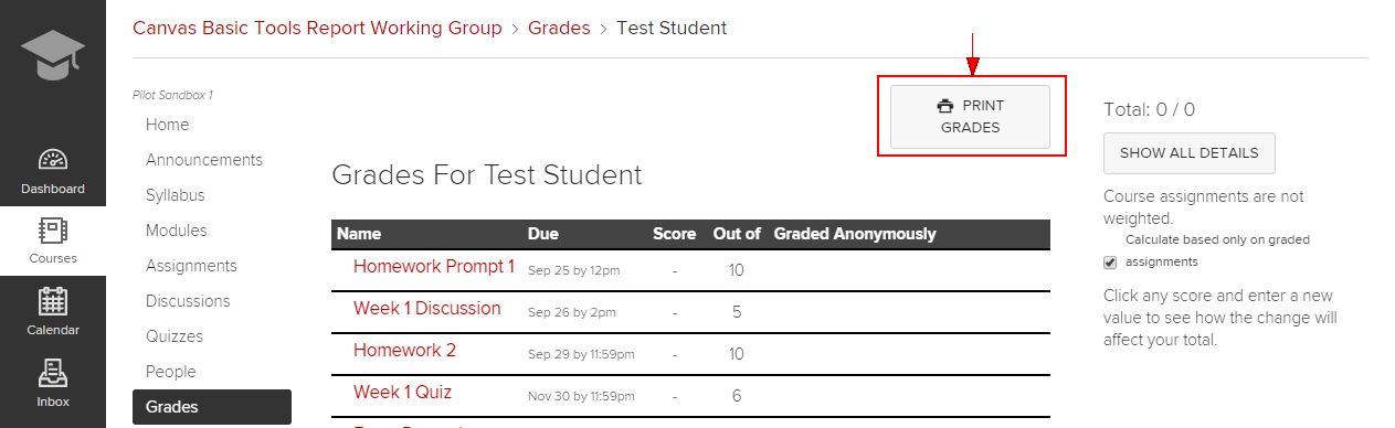 Print Grades button in Carmen