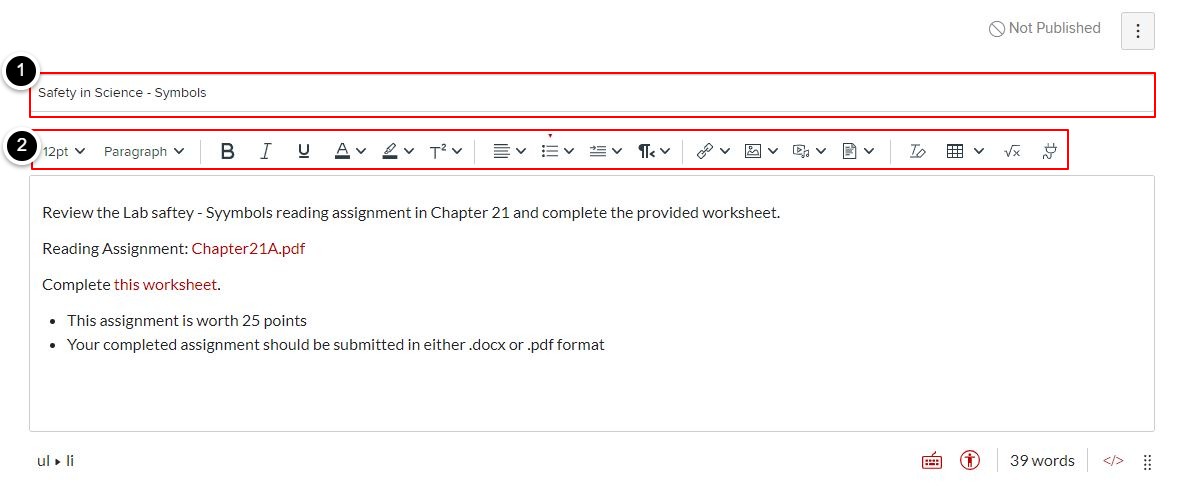Enter assignment title and use the New Rich Content editor to add content in the assignment description