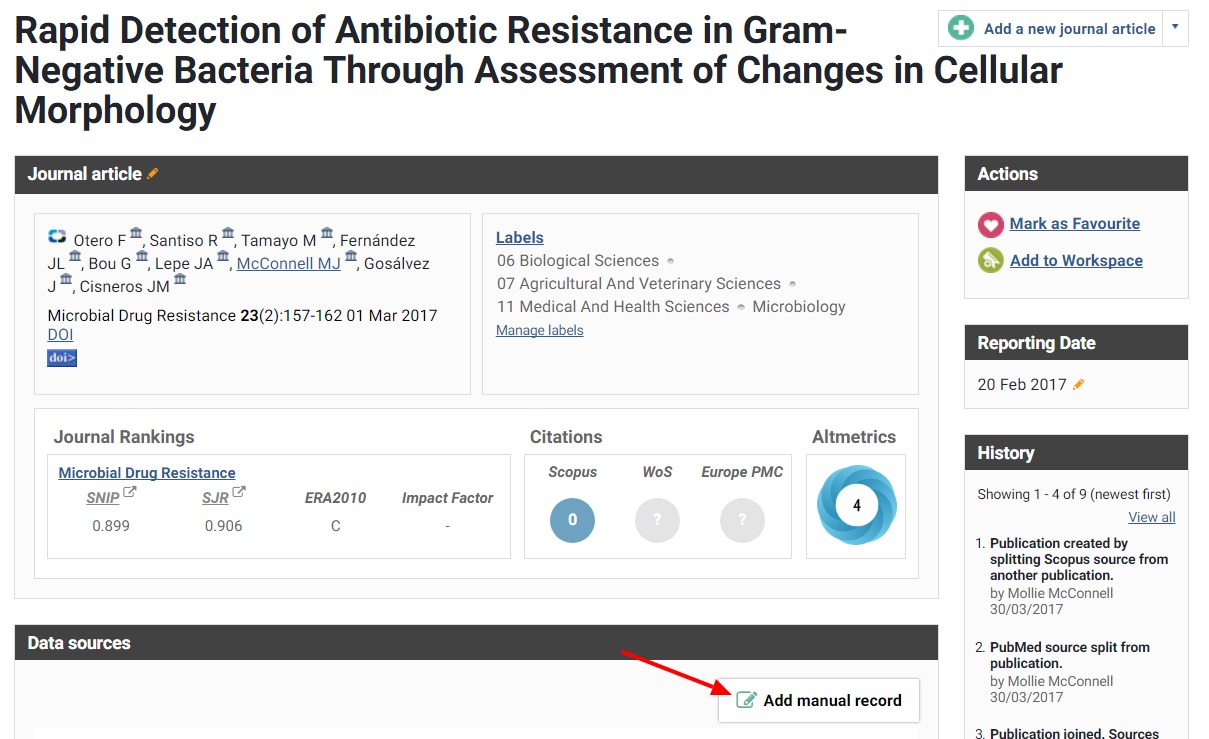 Add Manual Record button located under the Data Sources heading on a sample record page