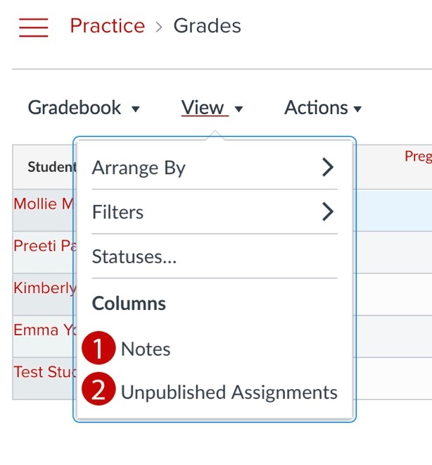 Gradebook menu options: Columns - Notes and Unpublished Assignments
