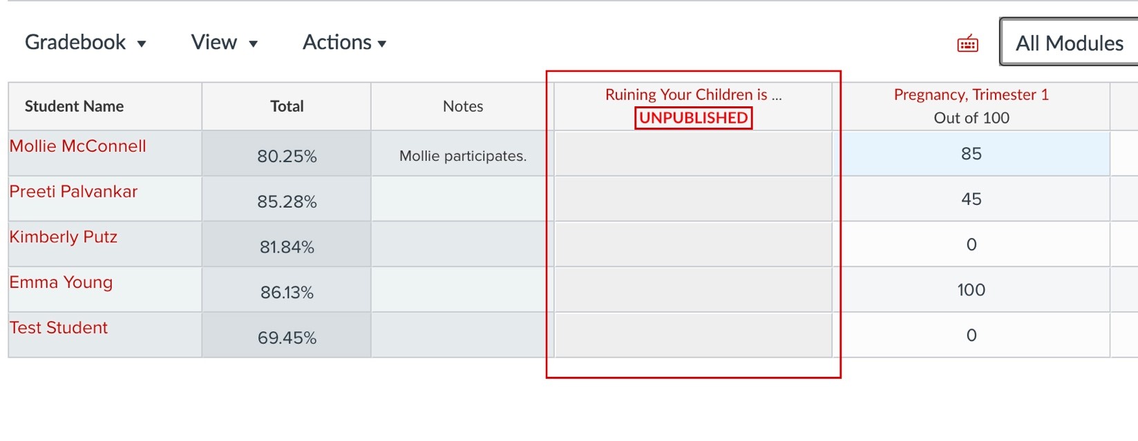 Gradebook menu options: Columns - Unpublished Assignments