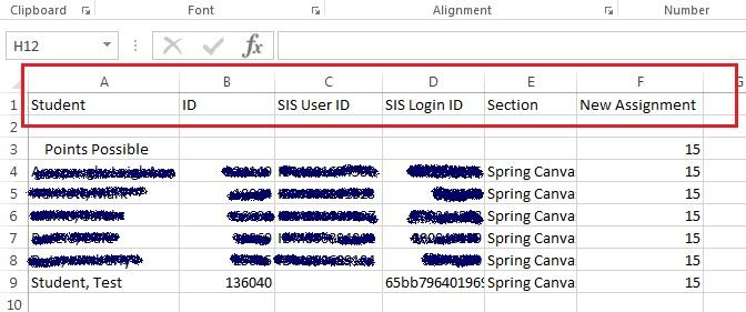 Final grades CSV Excel spreadsheet with required columns