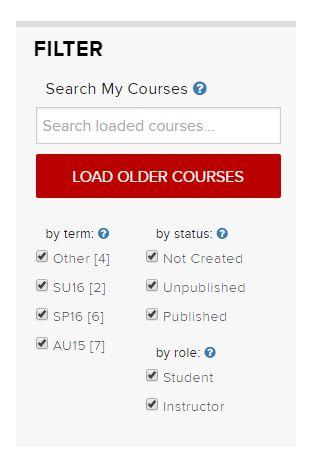 Carmen landing page My Courses filter options