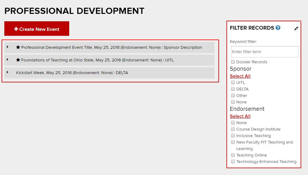 Professional Development supporting data page highlighting the location of the activity list in the body of the page and the Filter Records on the right side.