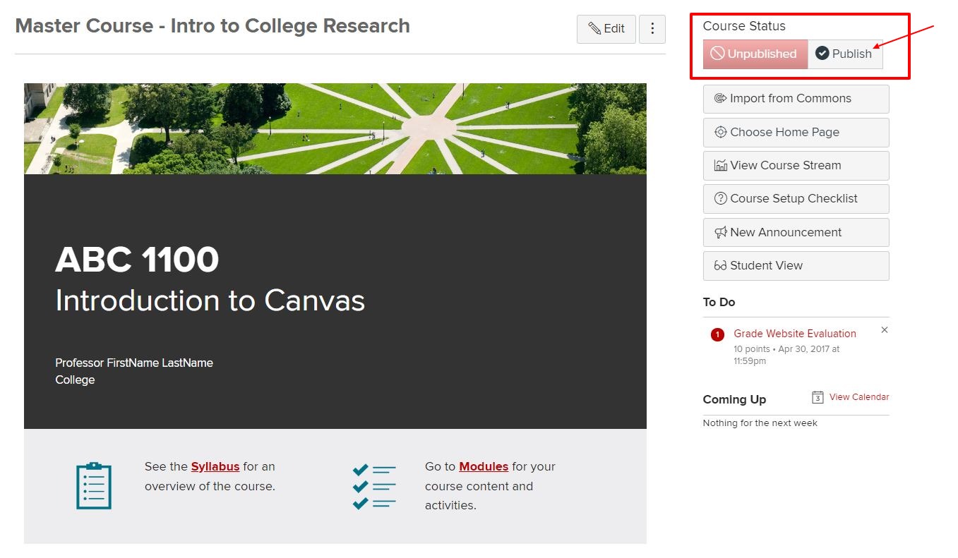 Canvas course homepage: Publish course