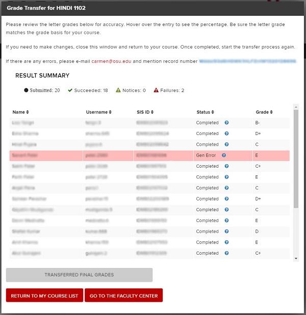Final grades transfer status page with Gen error highlighted in red