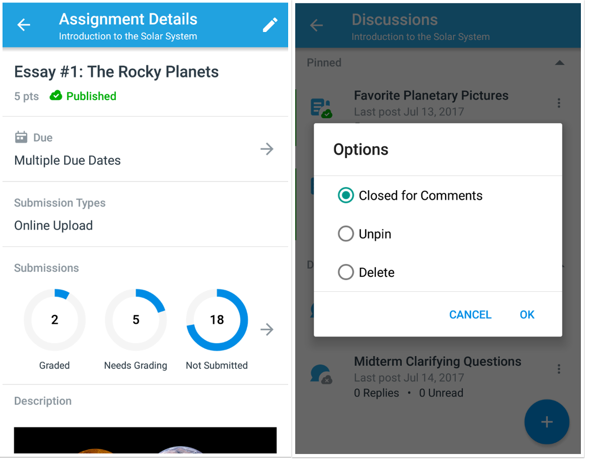 Assignment details and discussion settings in Carmen Teacher App