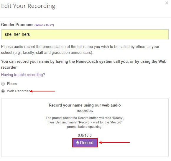 Web recording option in NameCoach