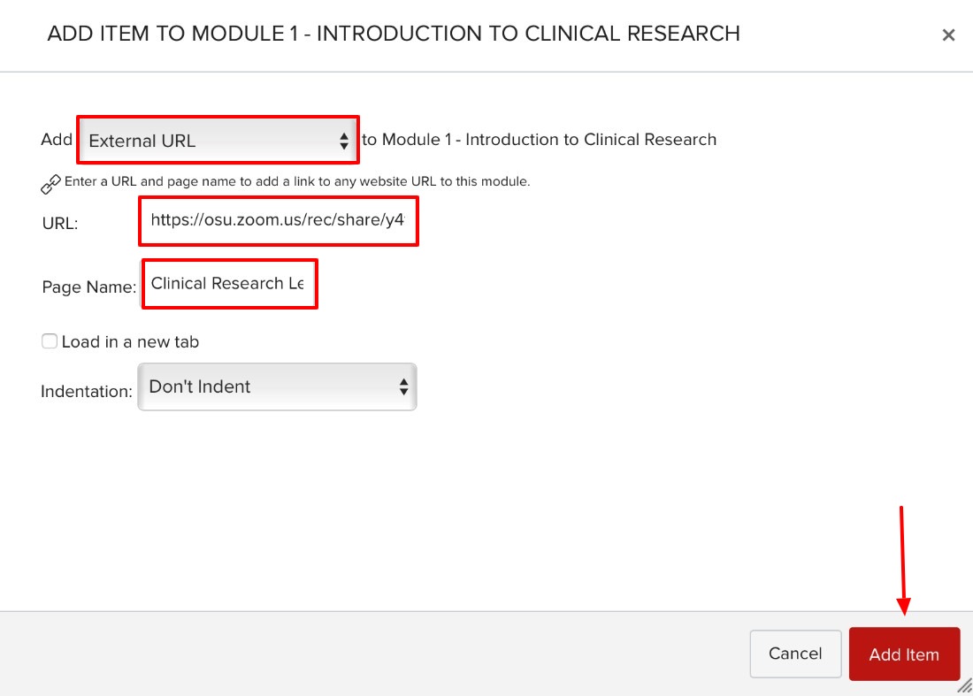 External Link option with URL and Page Name fields under Add Item to Module screen