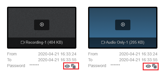 Recording icons: click eye icon to view password; click copy/paste icon to manually copy the password