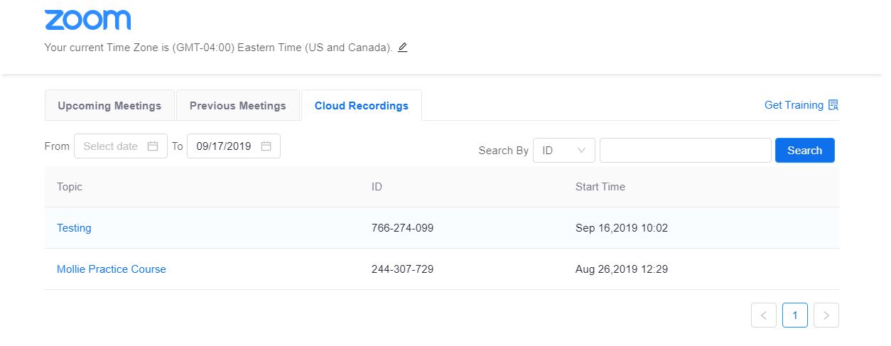 Zoom integration Student View: cloud recordings page