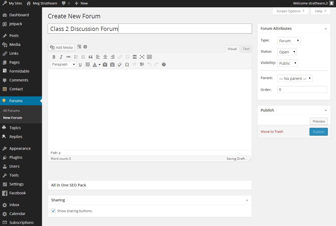 Create New Forum edit screen with title field, wysiwyg body editor, and Forum Attributes widget 