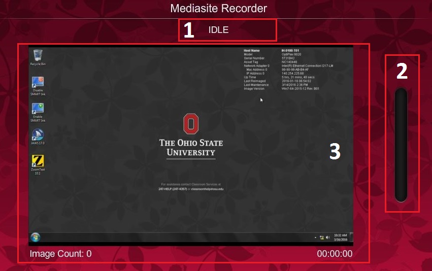 The areas of the Mediasite Recorder podium screen highlighted in this screenshot are described below.