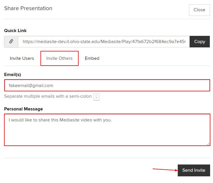 Email field, Personal Message field, and Send Invite button under Invite Others tab on Share Presentation screen