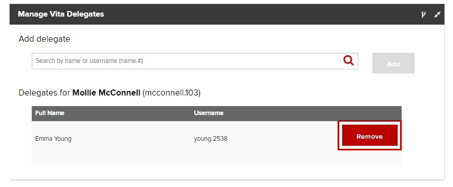 Remove button next to delegate name under Manage Vita Delegates
