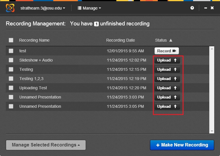 Upload buttons in Status column of list of recordings under Recording Management