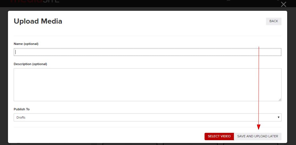 Name field, Description field, Publish To select options and Save and Upload Later button on Upload Media pop-up window