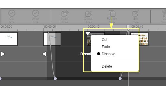 Cut selection pop-up window with Cut, Fade, Dissolve, and Delete options