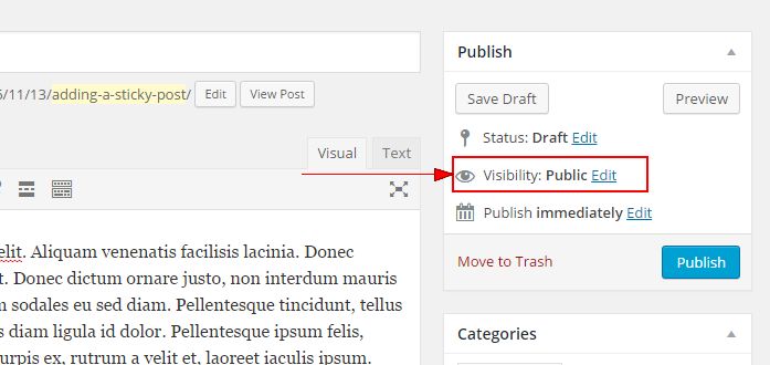 Visibility edit link under Publish widget