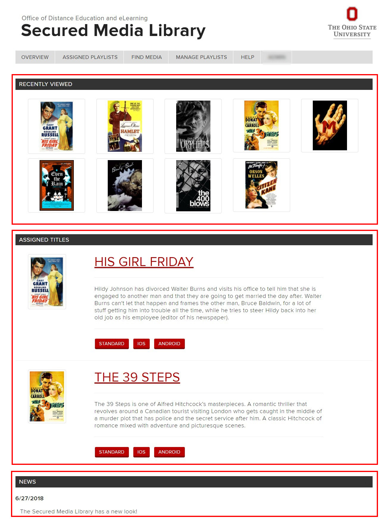 View of the Secured Media Library overview page while logged in, highlighting the Recently Viewed, Assigned Titles, and News sections which are described in the text below.