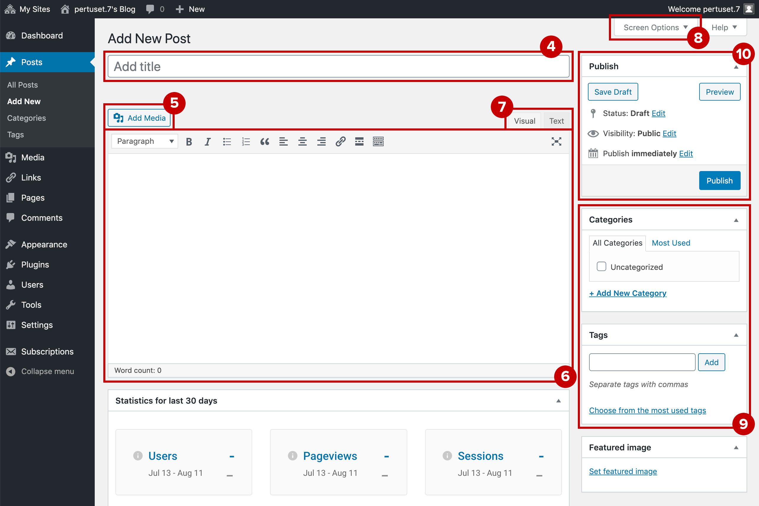 Sections of the Add New Post page highlighted in this screenshot are described in the steps below.