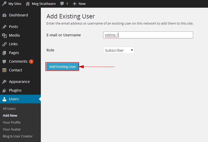 Email or username field, role select box and add existing user button on Add Existing User page of U.OSU