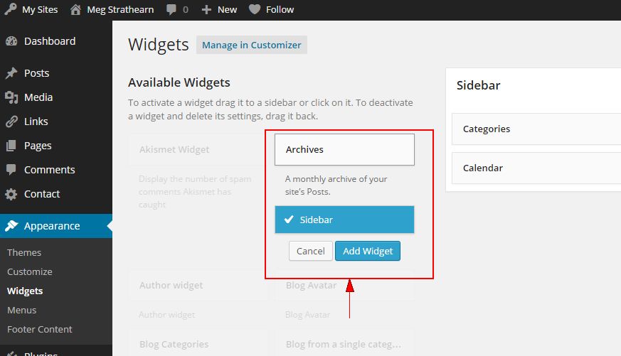 Add Widget button with Sidebar selected under Archives widget on Widgets Page