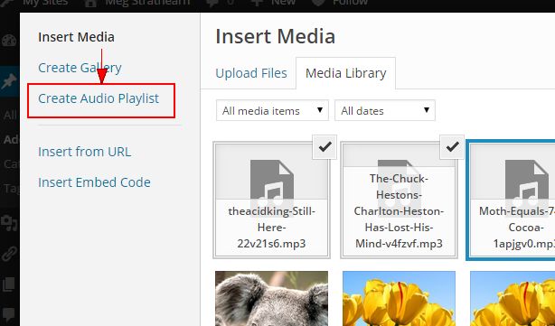 Create Audio Playlist link under Insert Media side menu