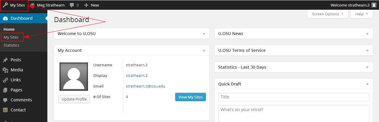 My Sites menu link in admin toolbar of U.OSU