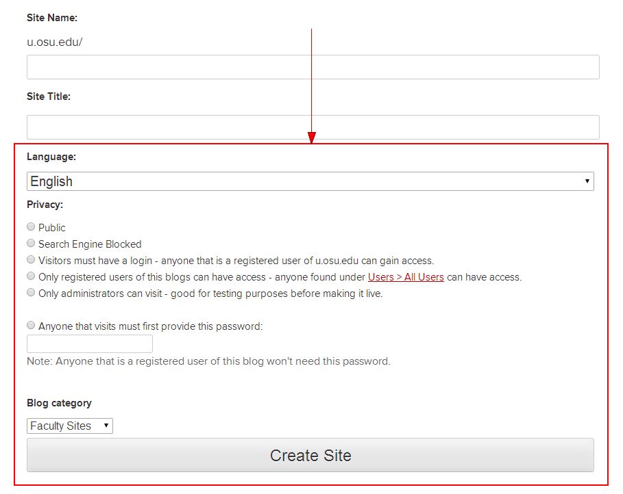 Language select box, Privacy select options, and Blog Category select box with Create Site button at the bottom