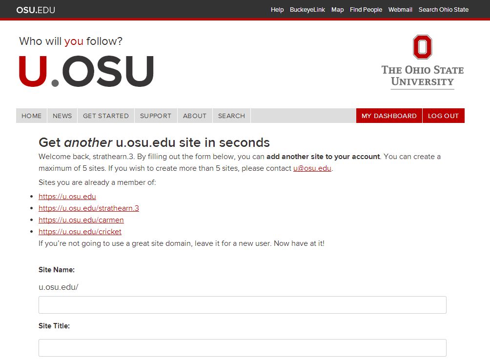 Site Name field and Site Title fields on U.OSU web page