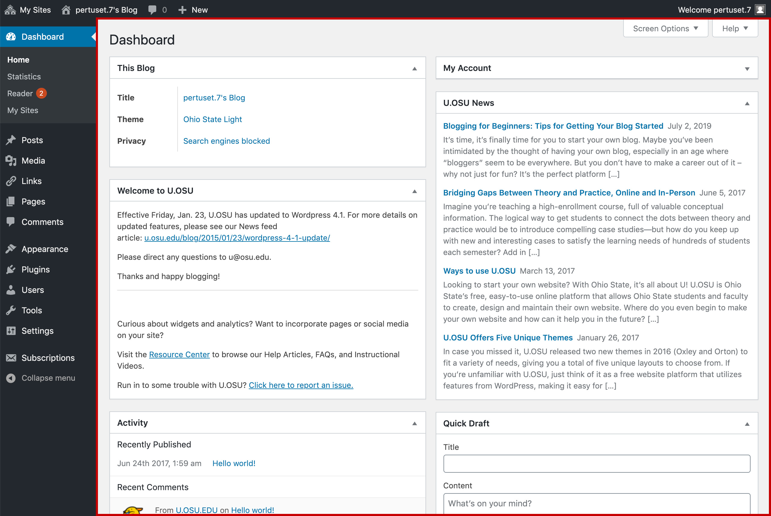 Main dashboard area where edits are made in U.OSU