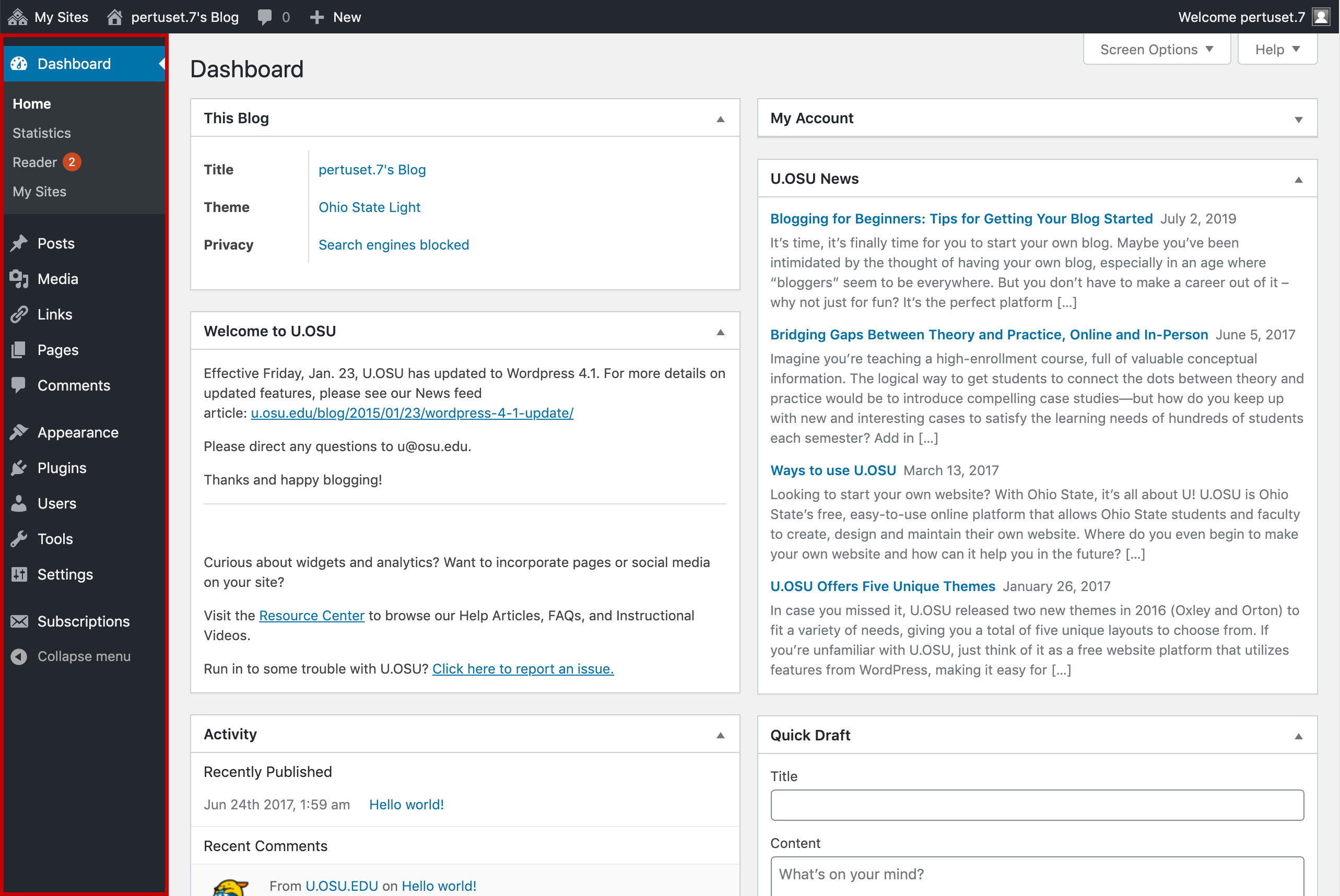 Left-side main navigation on the left of the U.OSU dashboard