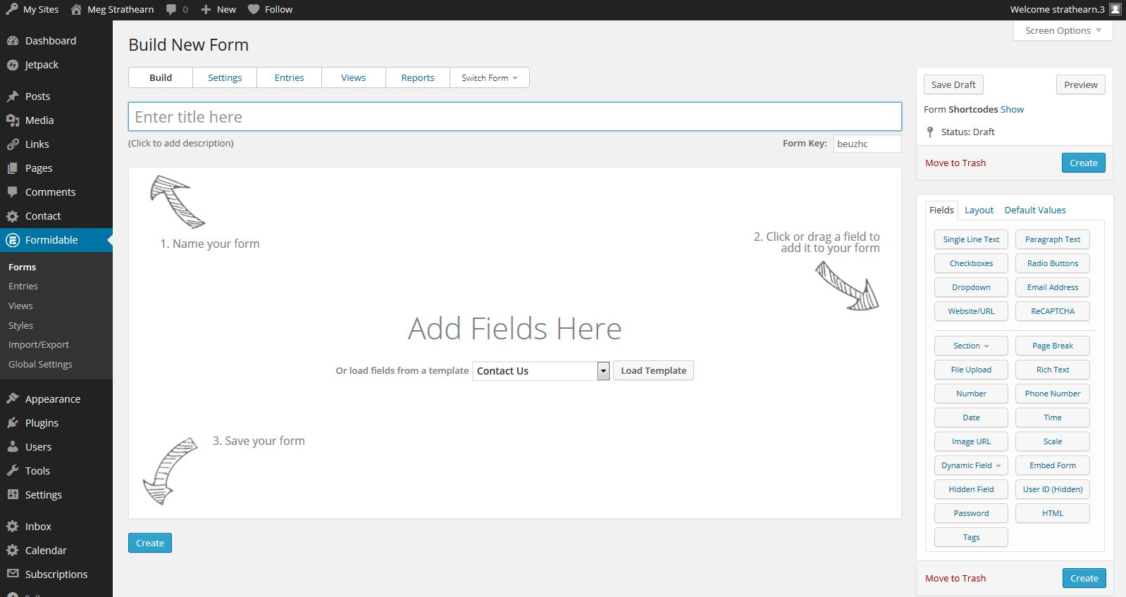 Build New Form page with title field, add field options, and create button in U.OSU