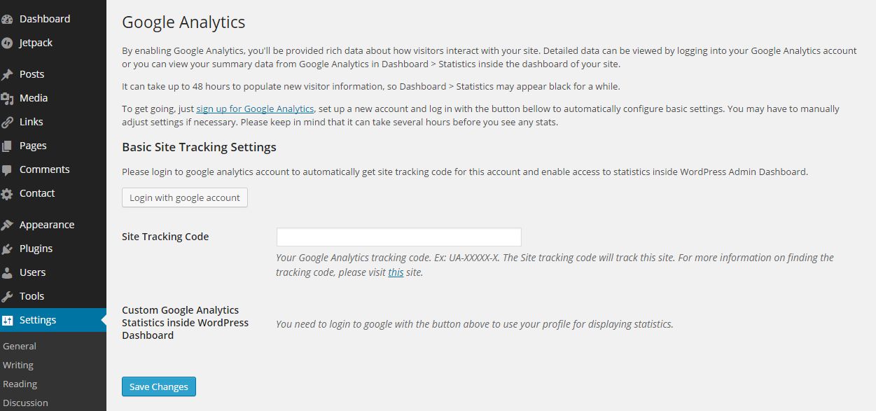 Basic site tracking settings and site tracking code field on Google Analytics page of U.OSU