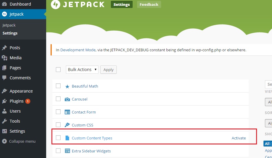 Activate link next to Custom Content Types list option under Jetpack Settings